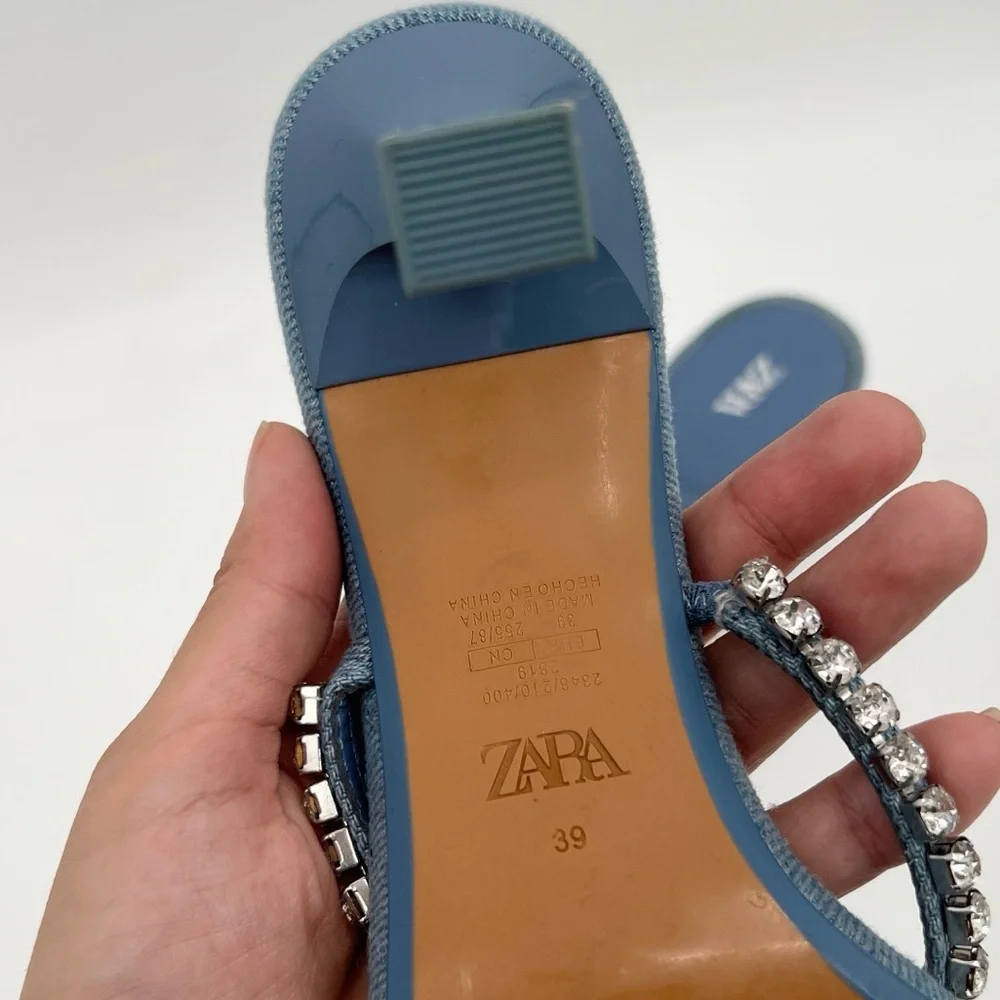 Zara denim Blue Rhinestone Slide Strappy square toed Heels new size 39 - Picture 6 of 6
